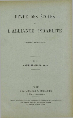 Revue des Ecoles de l’Alliance Israelite   N°04 (01 janv. 1902)